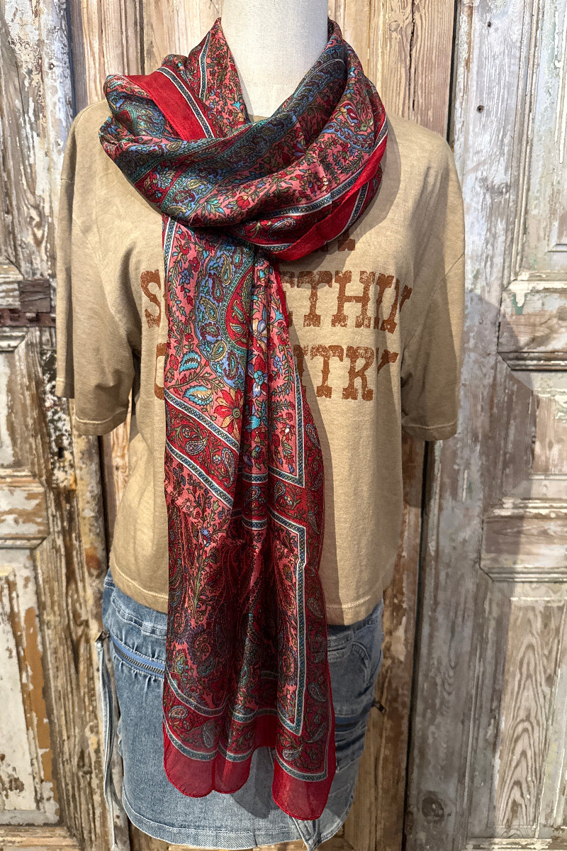 Trestles Clothing Company silk boho scarf in vibrant red with intricate paisley and floral patterns